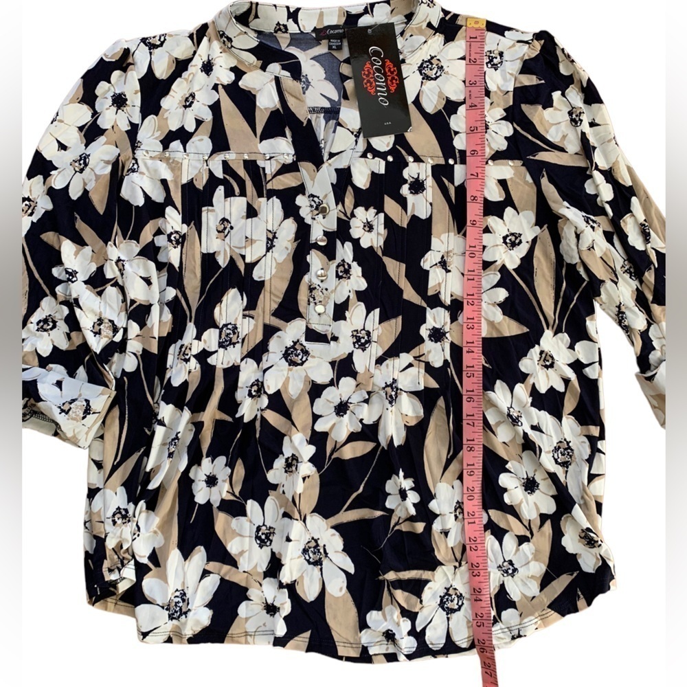 COCOMO XL Floral Blue Beige 3/4 sleeve women’s Pintuck Blouse tunic top … - Picture 10 of 12
